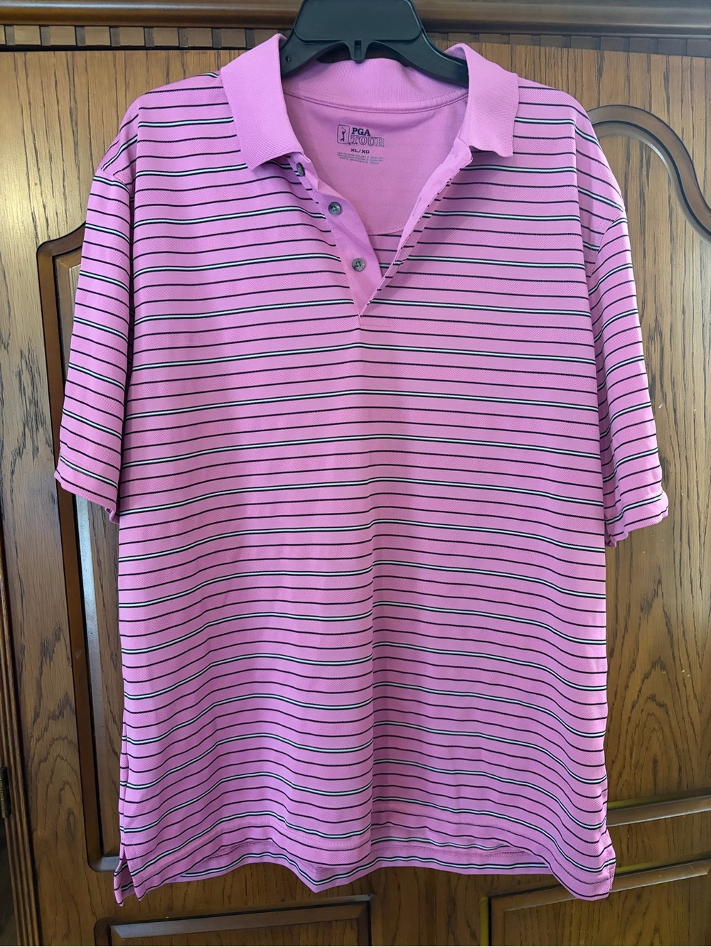 PGA Tour Pink Polo with Thin Black Stripes